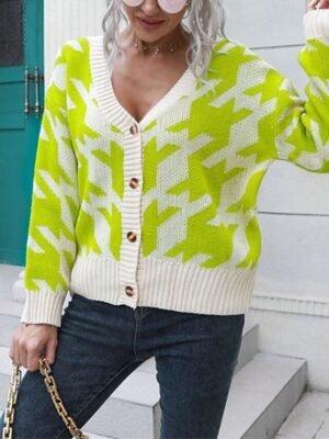Casual Regular Houndstooth Turtleneck Long Sleeve Knit Cardigan - Image 9