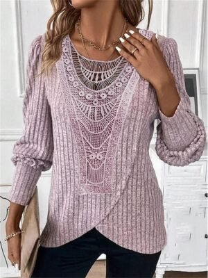 Casual Regular Lace Crew Neck Long Sleeve Dressy Top - Image 2