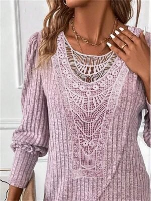 Casual Regular Lace Crew Neck Long Sleeve Dressy Top - Image 4