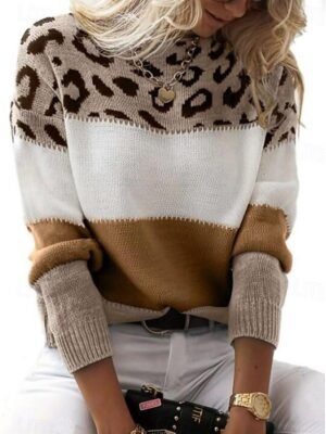 Casual Regular Leopard Crew Neck Long Sleeve Knitted Jumper - Image 10