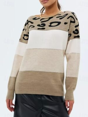 Casual Regular Leopard Crew Neck Long Sleeve Knitted Jumper - Image 11