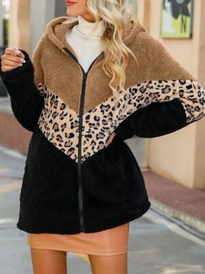 Casual Regular Leopard Hoodie Long Sleeve Fleece Jacket - Image 2