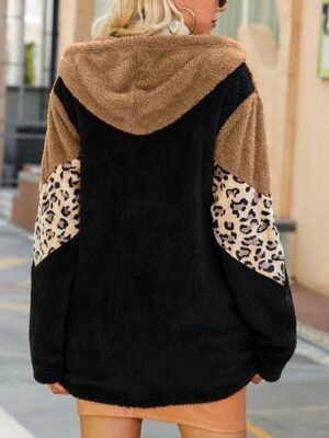 Casual Regular Leopard Hoodie Long Sleeve Fleece Jacket - Image 5