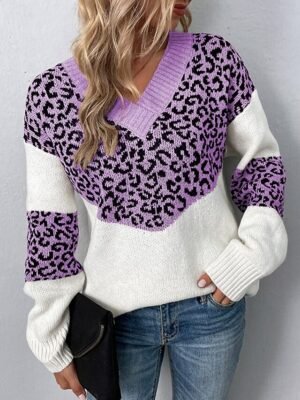 Casual Regular Leopard V Neck Knitted Long Sleeve Sweater - Image 3