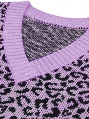 Casual Regular Leopard V Neck Knitted Long Sleeve Sweater - Image 4