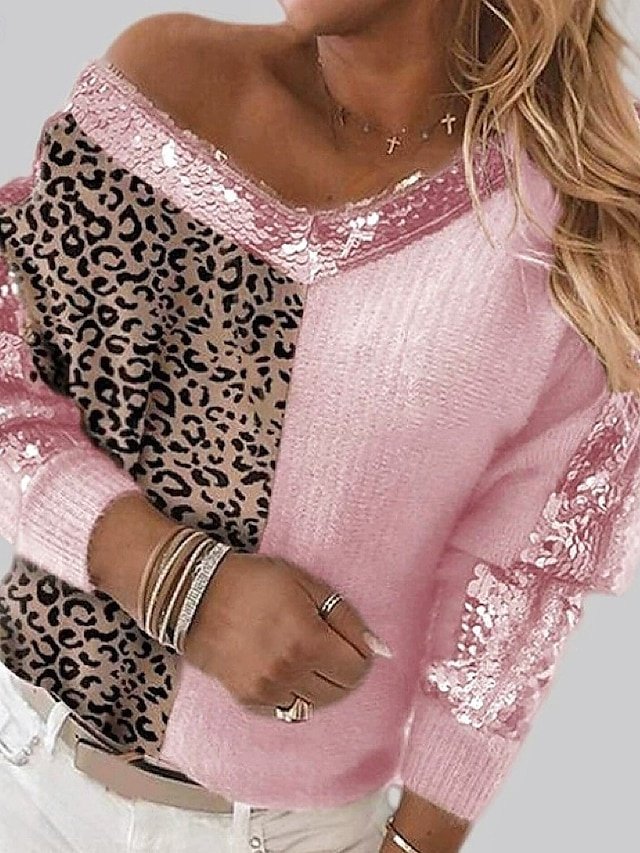 Casual Regular Leopard V Neck Long Sleeve Knitted Jumper - Image 1