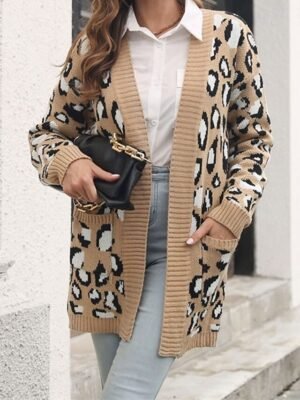 Casual Regular Leopard V Neck Long Sleeve Long Cardigan - Image 1