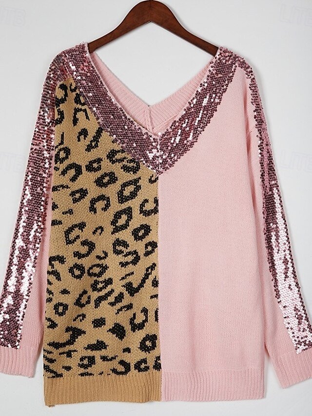 Casual Regular Leopard V Neck Long Sleeve Knitted Jumper - Image 2