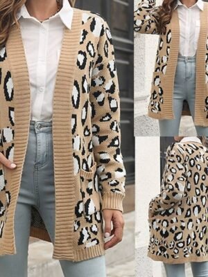 Casual Regular Leopard V Neck Long Sleeve Long Cardigan - Image 2