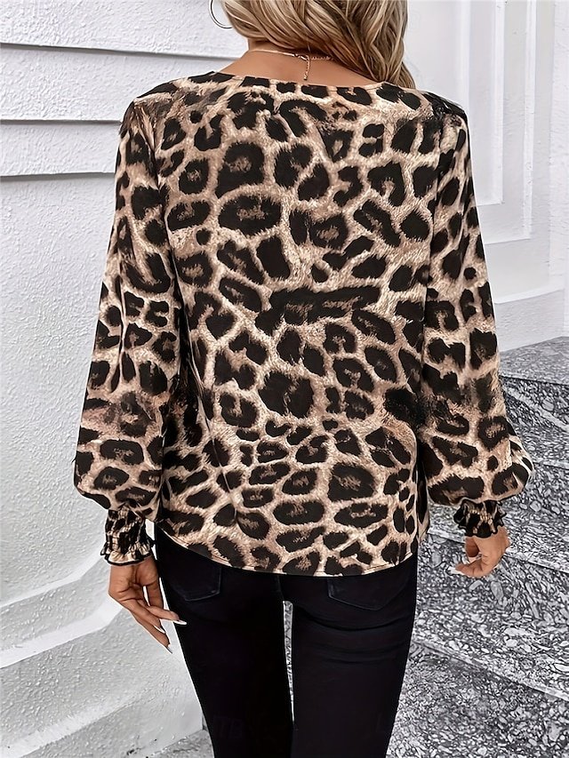 Casual Regular Leopard V Neck Long Sleeve Blouse - Image 2