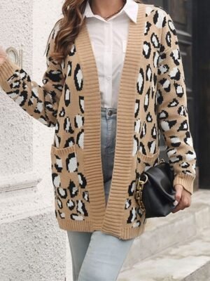 Casual Regular Leopard V Neck Long Sleeve Long Cardigan - Image 4