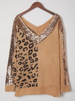Casual Regular Leopard V Neck Long Sleeve Knitted Jumper - Image 5