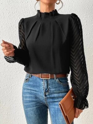 Casual Regular Mesh Turtleneck Long Sleeve Top - Image 1