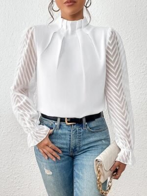 Casual Regular Mesh Turtleneck Long Sleeve Top - Image 11