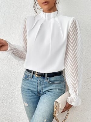 Casual Regular Mesh Turtleneck Long Sleeve Top - Image 13