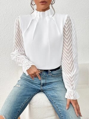 Casual Regular Mesh Turtleneck Long Sleeve Top - Image 14