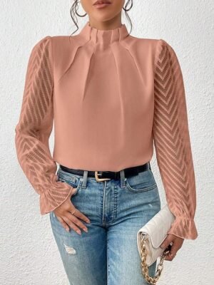 Casual Regular Mesh Turtleneck Long Sleeve Top - Image 16