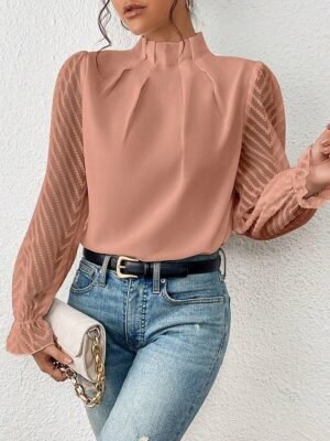 Casual Regular Mesh Turtleneck Long Sleeve Top - Image 17