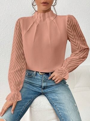 Casual Regular Mesh Turtleneck Long Sleeve Top - Image 18