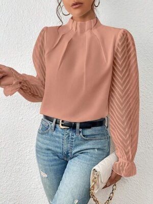 Casual Regular Mesh Turtleneck Long Sleeve Top - Image 19