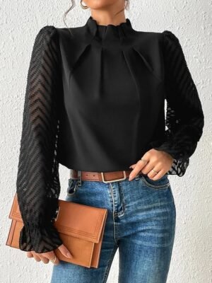 Casual Regular Mesh Turtleneck Long Sleeve Top - Image 2