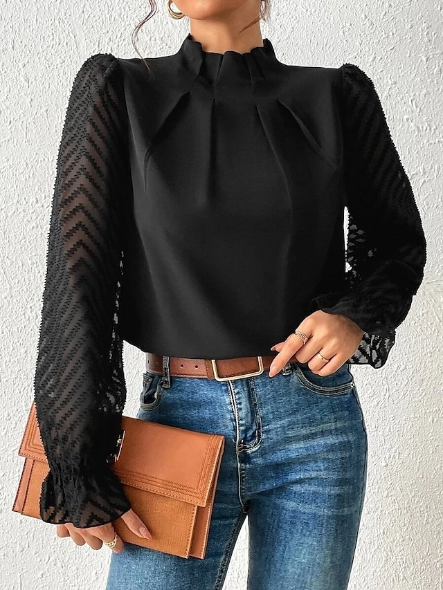 Casual Regular Mesh Turtleneck Long Sleeve Top - Image 2