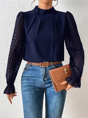 Casual Regular Mesh Turtleneck Long Sleeve Top - Image 22