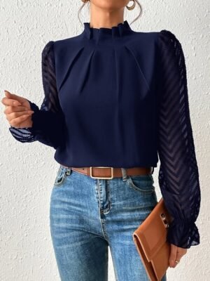 Casual Regular Mesh Turtleneck Long Sleeve Top - Image 23