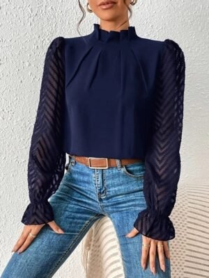 Casual Regular Mesh Turtleneck Long Sleeve Top - Image 24