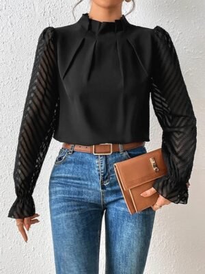 Casual Regular Mesh Turtleneck Long Sleeve Top - Image 3