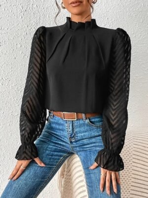 Casual Regular Mesh Turtleneck Long Sleeve Top - Image 4