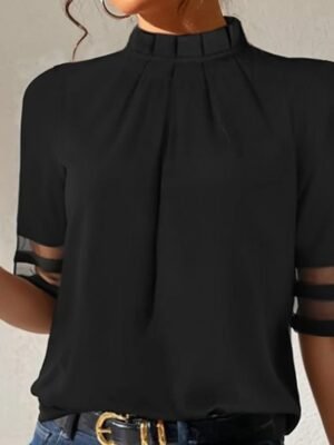 Casual Regular Mesh Turtleneck Short Sleeve Blouse - Image 1