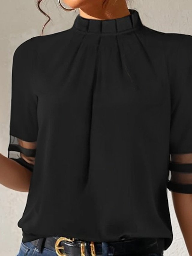 Casual Regular Mesh Turtleneck Short Sleeve Blouse - Image 1