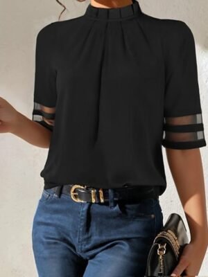 Casual Regular Mesh Turtleneck Short Sleeve Blouse - Image 2