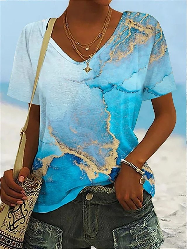 Casual Regular Neon Abstract V Neck Short Sleeve Top - Image 1