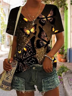 Casual Regular Neon Abstract V Neck Short Sleeve Top - Image 12