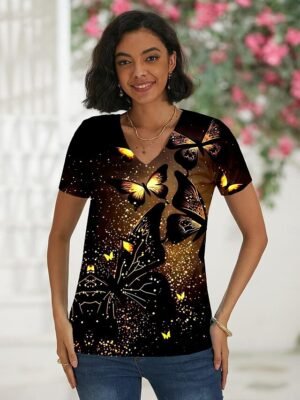 Casual Regular Neon Abstract V Neck Short Sleeve Top - Image 13