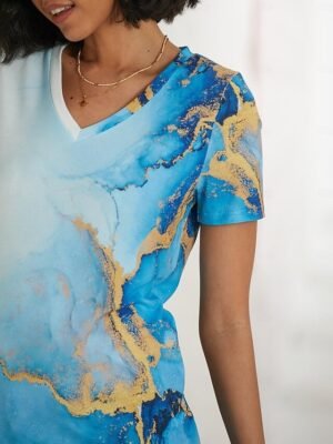 Casual Regular Neon Abstract V Neck Short Sleeve Top - Image 4