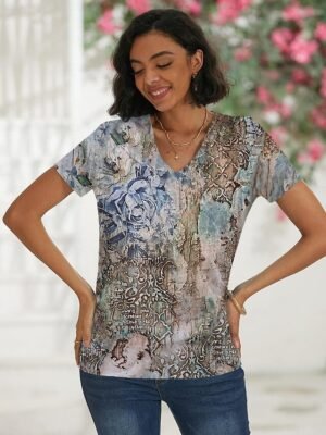 Casual Regular Neon Abstract V Neck Short Sleeve Top - Image 9