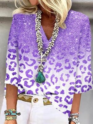 Casual Regular Neon Bright Print V Neck 3/4 Sleeve Blouse - Image 9