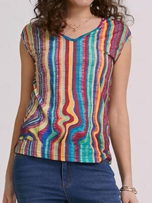 Casual Regular Neon Striped V Neck Sleeveless Top - Image 1