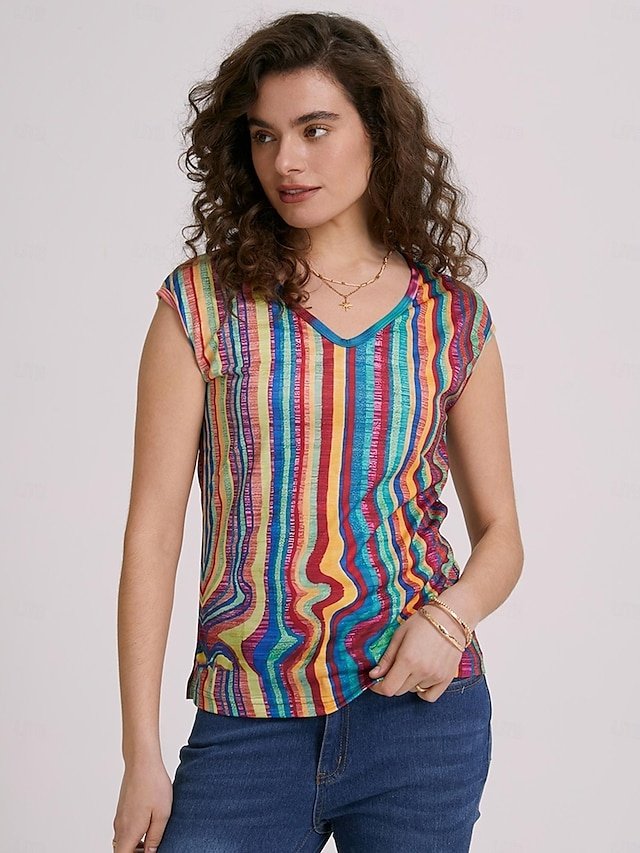 Casual Regular Neon Striped V Neck Sleeveless Top - Image 2