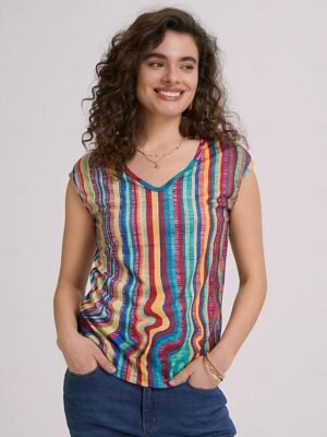 Casual Regular Neon Striped V Neck Sleeveless Top - Image 3