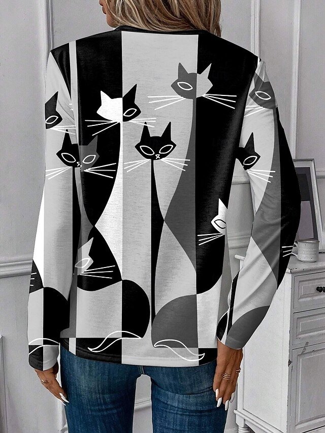 Casual Regular Ombre Cat Print Crew Neck Long Sleeve Top - Image 2