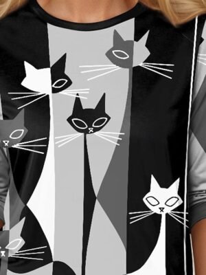 Casual Regular Ombre Cat Print Crew Neck Long Sleeve Top - Image 3