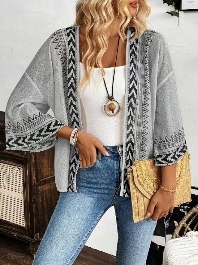 Casual Regular Patchwork Collarless 3/4 Sleeve Jacket - Image 1
