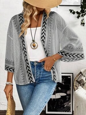 Casual Regular Patchwork Collarless 3/4 Sleeve Jacket - Image 3