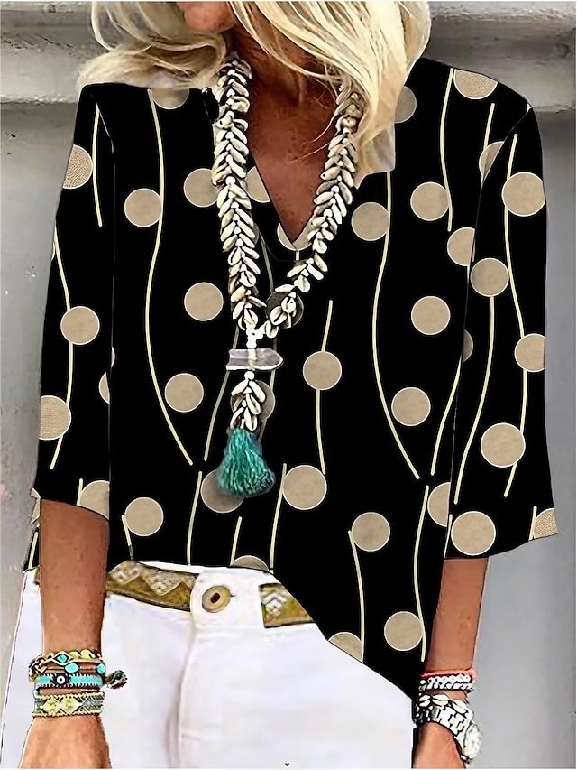 Casual Regular Patchwork Print V Neck 3/4 Sleeve Blouse - Image 1