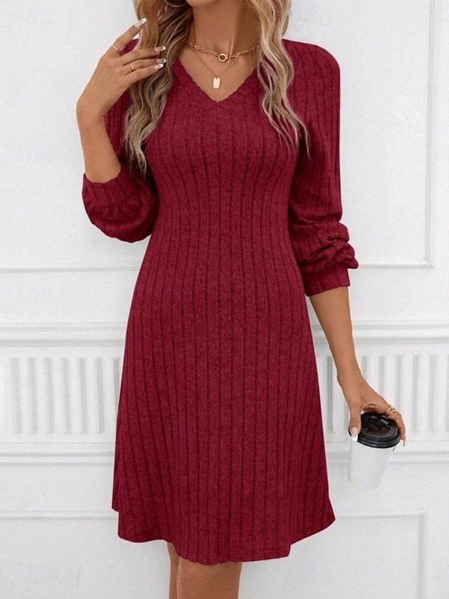 Casual Regular Patchwork V Neck Long Sleeve Mini Sweater Dress - Image 1
