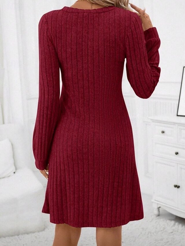 Casual Regular Patchwork V Neck Long Sleeve Mini Sweater Dress - Image 2